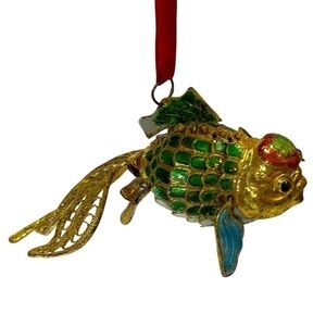 Fish Christmas Ornament Vintage Cloisonne Filagree Tail Gold EUC